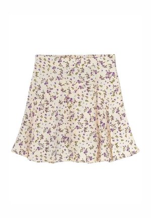 Jupe florale avec un fond crème, ornée de motifs violets et verts. Coupe évasée avec un design plissé et taille élastique.