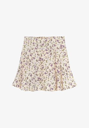 Jupe florale avec un fond crème, ornée de motifs violets et verts. Coupe évasée avec un design plissé et taille élastique.