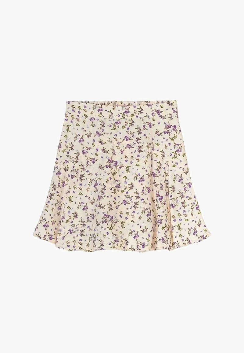 Jupe florale avec un fond crème, ornée de motifs violets et verts. Coupe évasée avec un design plissé et taille élastique.