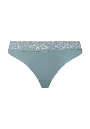 Tanga verde menta con una delicada cinturilla de encaje que presenta un patrón floral. Tela suave con una textura lisa, diseñada para la comodidad.