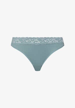 Tanga verde menta con una delicada cinturilla de encaje que presenta un patrón floral. Tela suave con una textura lisa, diseñada para la comodidad.