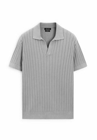 Gray short-sleeve polo shirt with a soft texture and vertical ribbed pattern, featuring a collared neckline and straight hem.