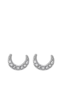 Sølv, halvmåneformede øreringer dekorert med klare rhinestones langs kurven, med en glatt teksturert finish.