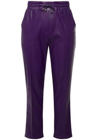 Pantalons en cuir violet avec taille élastique, cordon de serrage et poches latérales. La finition est lisse avec une texture brillante.