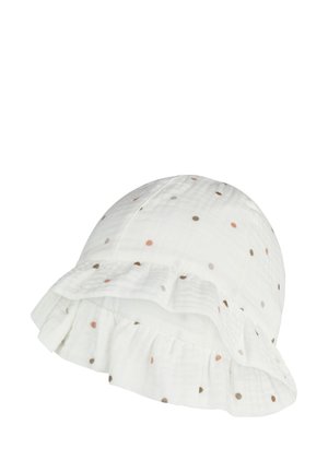 White soft fabric baby sun hat with multicolored polka dots and ruffled brim.