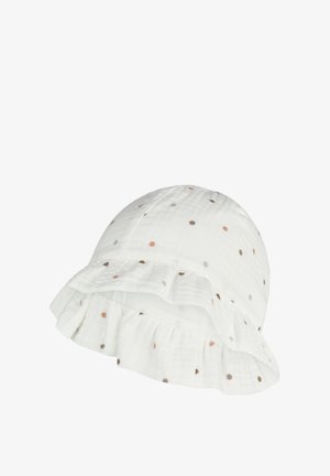 White soft fabric baby sun hat with multicolored polka dots and ruffled brim.