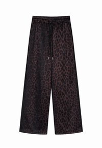 Leoparda raksta platās kājas bikses, kas izgatavotas no viegla auduma. Iezīmēts ar elastīgu jostasvietu ar auklām un gludu tekstūru.