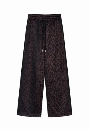 Pantalones de pierna ancha con estampado de leopardo, hechos de un tejido ligero. Cuentan con una cintura elástica con cordones y una textura suave.