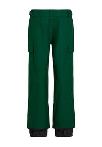 Green waterproof pants with a straight cut, featuring side pockets and elasticized cuffs at the ankles. Smooth texture and durable material.