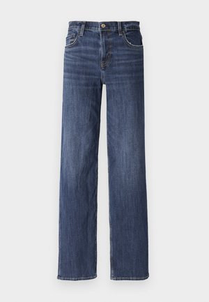 Blugi de denim albastru închis cu un design drept, având închidere cu buton, stil cu cinci buzunare și ușoară decolorare pe față.