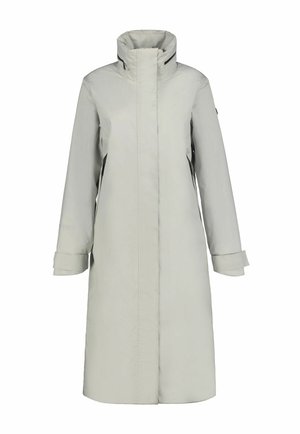 Lange lichtgrijze waterdichte winterjas met hoge kraag, volledige fron sluiting, verstelbare manchetten en zijzakken met rits.