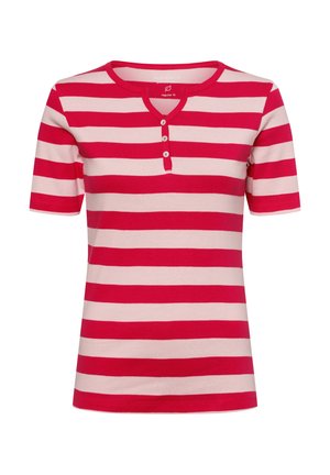 Red and pink striped short-sleeve T-shirt with a rounded neckline and three-button placket, made of soft fabric. Regular fit.