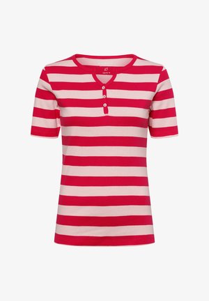 Rot- und rosa gestreiftes kurzärmliges T-Shirt mit rundem Halsausschnitt und drei Knöpfen, aus weichem Stoff. Normale Passform.