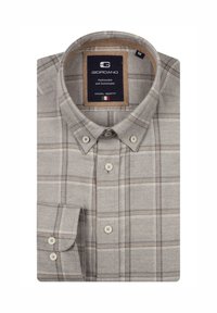 Grijze geruite shirt met een button-down kraag, lichtbruine en blauwe accentstrepen, zachte textuur, met knopen aan de voorkant en een label met branding.