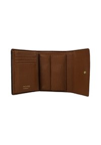 Brown leather wallet with a textured finish, featuring card slots, three compartments, and a gold-toned snap closure. Minimalist design.