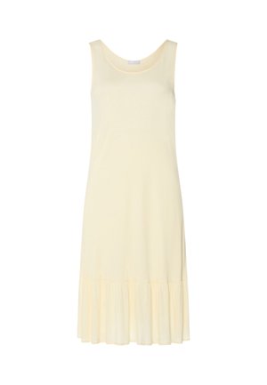 Ærmeløs, lys gul midi-kjole med rund halsudskæring og flæsekant i bunden.