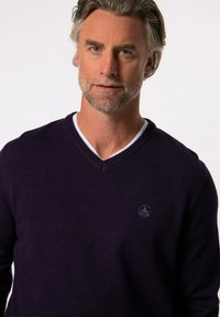 Maglione V-neck viola scuro realizzato in materiale lavorato a maglia, con un dettaglio logo discreto sul petto e una consistenza morbida.