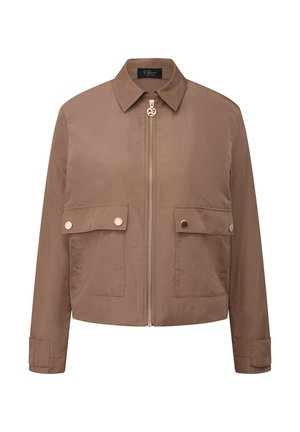 Veste légère marron avec fermeture éclair à l'avant, deux poches à rabat avec boutons et un col classique, conçue pour un usage décontracté.