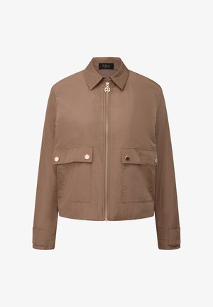 Veste légère marron avec fermeture éclair à l'avant, deux poches à rabat avec boutons et un col classique, conçue pour un usage décontracté.