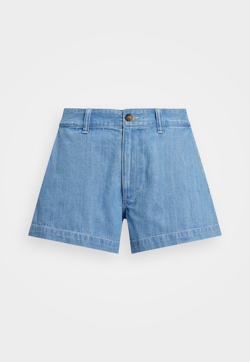 Jeansshorts in Hellblau mit einem klassischen Design, Knopfverschluss, Gürtelschlaufen und geradem Saum.