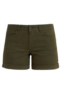 Shorts de mezclilla verde oliva con un diseño ajustado, que cuentan con un cierre frontal de botón, cinco bolsillos y puños enrollados. Textura suave.