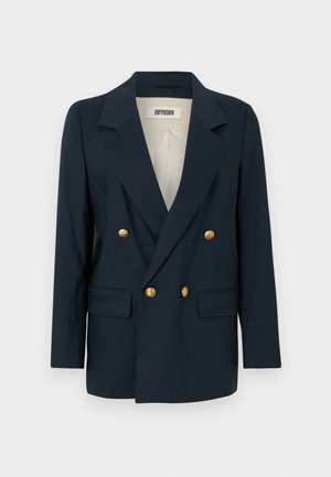 Marineblauwe dubbelgeknoopte blazer met gouden knopen, met inkepingen in de revers en twee voorzakken. Soepele stof met een gestructureerde pasvorm.