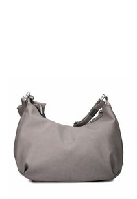 Borsa in pelle grigia con design morbido, ampia apertura e tracolla regolabile. Presenta accessori in tonalità argento e una texture sottile.