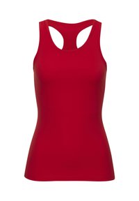 Rotes Tanktop aus glattem, dehnbarem Stoff. Verfügt über ein Racerback-Design mit rundem Halsausschnitt und ohne sichtbare Muster oder Akzente.