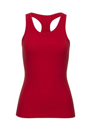 Red tank top made of smooth, stretchy fabric. Features a racerback design with a rounded neckline and no visible patterns or accents.