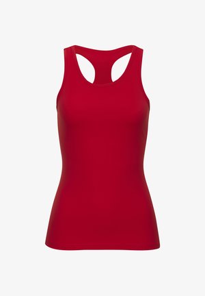 Red tank top made of smooth, stretchy fabric. Features a racerback design with a rounded neckline and no visible patterns or accents.