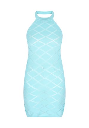 Heleõlgadega mini kleit helesinisest värvist, millel on teemantmuster ja ribakujuline tekstuur, valmistatud venivast kudumistekstuurist.
