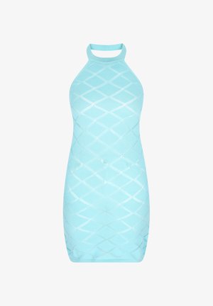 Heleõlgadega mini kleit helesinisest värvist, millel on teemantmuster ja ribakujuline tekstuur, valmistatud venivast kudumistekstuurist.