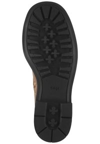 Suola in gomma nera con pattern testurizzato e scanalature. Presenta un logo e elementi di trazione pronunciati per aderenza e stabilità.