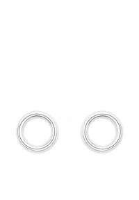 Silberne Ohrringe mit einem glatten, kreisförmigen Design und zwei konzentrischen Ringen, die eine polierte Oberfläche und Reflexion bieten.