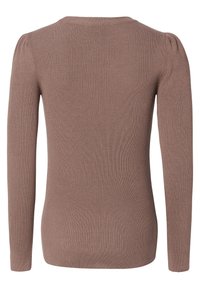 Geribbelde gebreide langemouwen top in taupe met een ronde halslijn en subtiele pofmouwen. Gemaakt van zachte stof voor comfort.