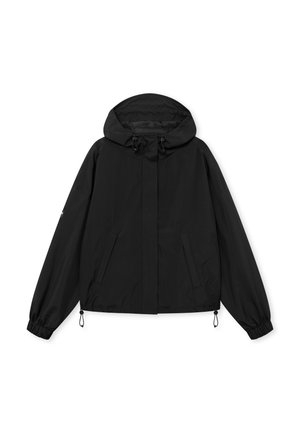 Chaqueta rompevientos negra con capucha, cordones ajustables en la capucha y el dobladillo, puños elásticos y bolsillos delanteros.