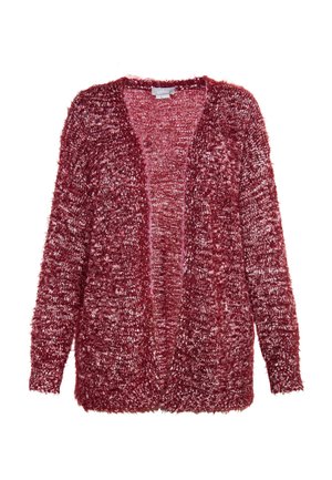 Cardigan rosso e soffice realizzato in filato testurizzato, con apertura frontale e maniche lunghe. Tessuto morbido e caldo con una vestibilità ampia e rilassata.