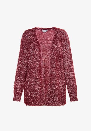 Czerwony, puszysty kardigan wykonany z teksturowanej przędzy, z otwartym przodem i długimi rękawami. Miękka, przytulna tkanina o luźnym, swobodnym kroju.