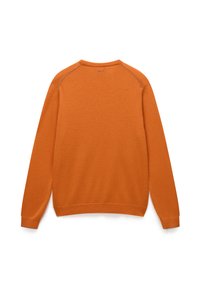 Felpa arancione con maniche lunghe, scollo rotondo e polsini e orlo a costine. Presenta una texture liscia e dettagli di cucitura minimi.