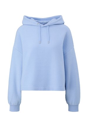 Hellblauer, gerippter, kurz geschnittener Hoodie mit langen Ärmeln, Kordelzugkapuze und gerippten Bündchen.