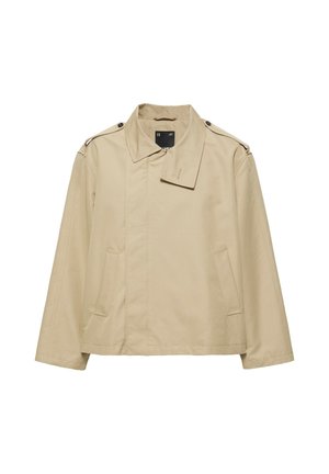 Veste légère beige à manches longues, col, fermeture à rabat devant, deux poches latérales et détails de boutons aux épaules.