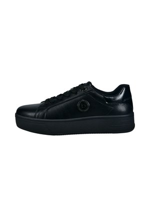 Schwarzer Leder-Low-Top-Sneaker mit dicker Sohle, Schnürung vorne und rundem Logo an der Seite, von der Außenseite gezeigt.