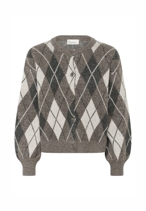 Pruun, hall ja valge argyle mustriga kudumiga kardigan, millel on pikad varrukad, ümmargune kaelus ja ees nööpkinnitus.