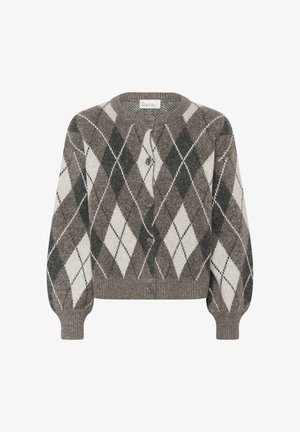 Pruun, hall ja valge argyle mustriga kudumiga kardigan, millel on pikad varrukad, ümmargune kaelus ja ees nööpkinnitus.