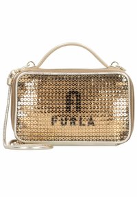 Złota torebka z cekinami o prostokątnym kształcie, z akcentami ze skóry, górnym uchwytem oraz regulowanym paskiem na ramię; z czarnym nadrukiem logo.