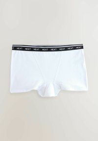 White boxer briefs made of soft cotton with a black elastic waistband featuring the brand name "NEXT" in white lettering.