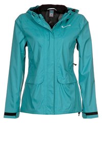 Tyrkysová nepromokavá bunda se zipem, dvěma předními kapsami, nastavitelnou kapucí a černými suchými zipy na rukávech. Texturovaná, lehká tkanina.