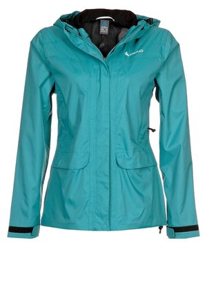 Teal vattentät jacka med dragkedja, två framsidiga fickor, justerbar huva och svarta kardborreaccent på ärmarna. Texturerad, lättviktsmaterial.