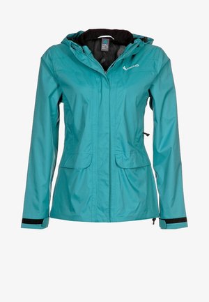 Türkisfarbene wasserdichte Jacke mit Reißverschluss, zwei Fronttaschen, verstellbarer Kapuze und schwarzen Velcro-Akzenten an den Ärmeln. Texturiertes, leichtes Material.