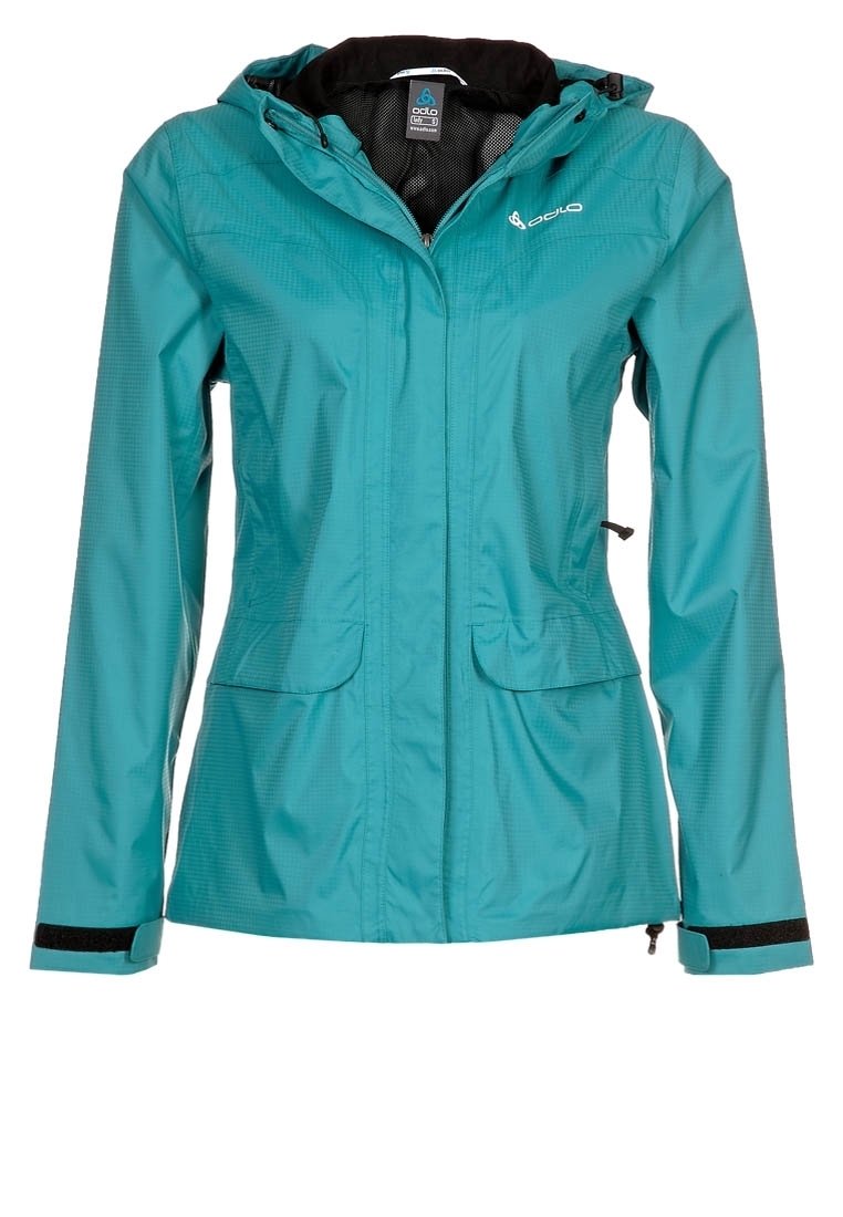 Tyrkysová nepromokavá bunda se zipem, dvěma předními kapsami, nastavitelnou kapucí a černými suchými zipy na rukávech. Texturovaná, lehká tkanina.